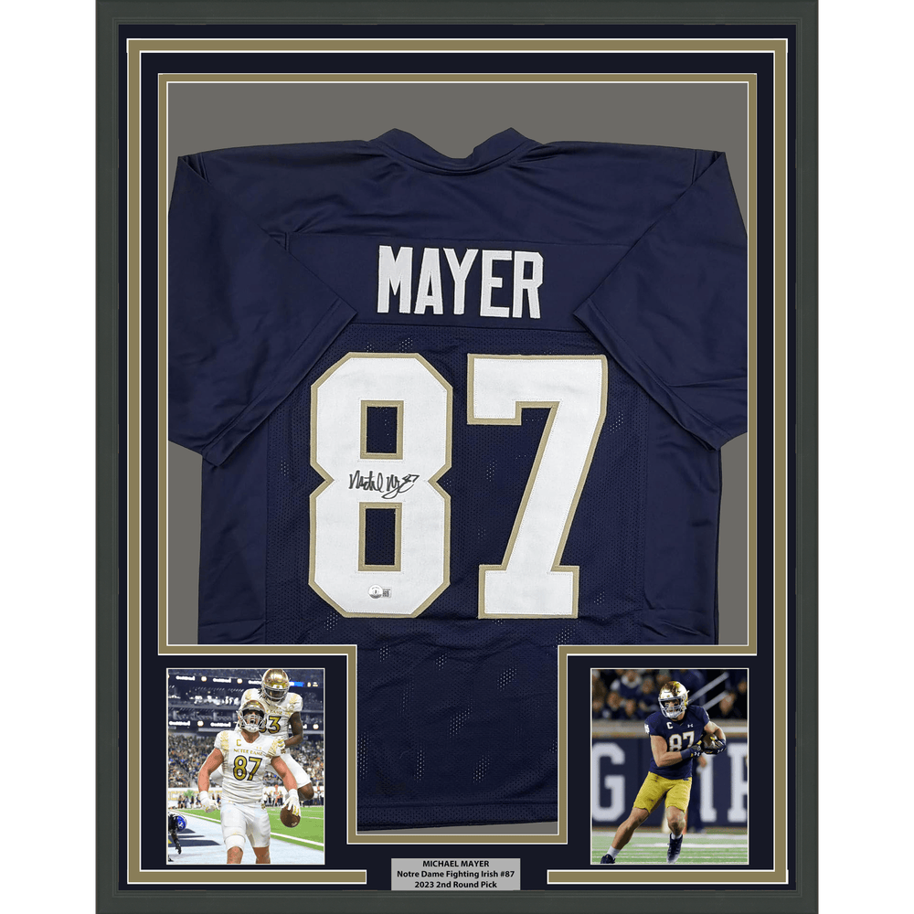 Framed Autographed/Signed Michael Mayer 35x39 Notre Dame Blue College Football Jersey Beckett BAS COA