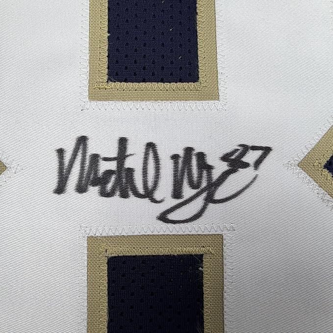 Framed Autographed/Signed Michael Mayer 35x39 Notre Dame Blue College Football Jersey Beckett BAS COA