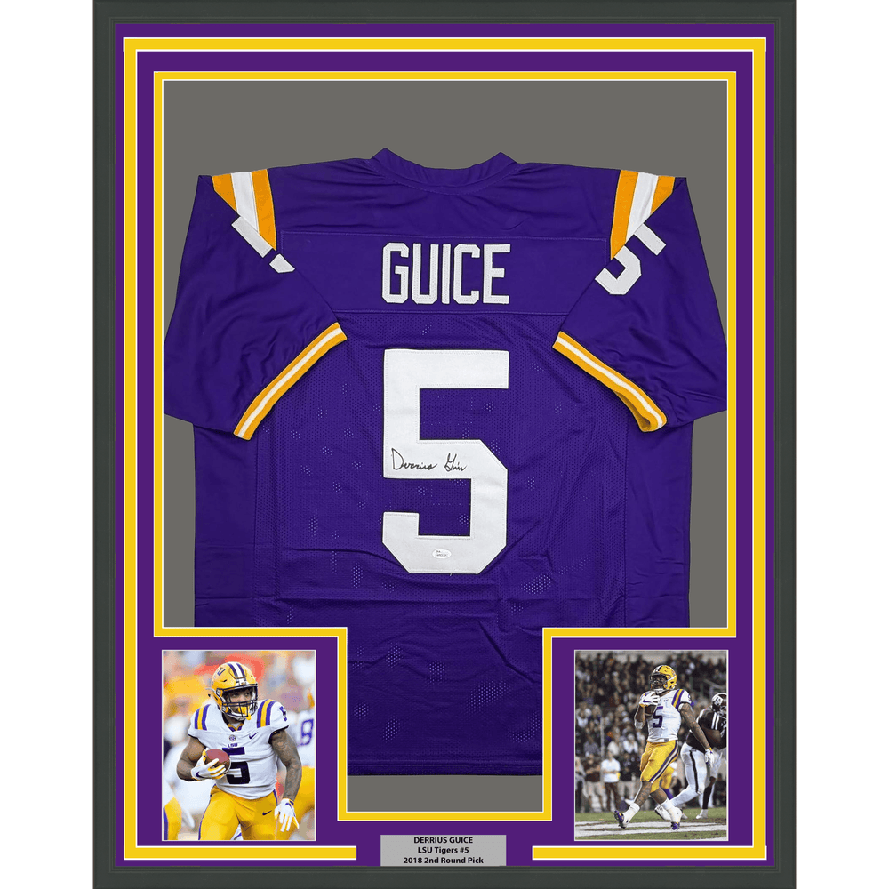 Framed Autographed/Signed Derrius Guice 35x39 LSU Purple College Football Jersey JSA COA