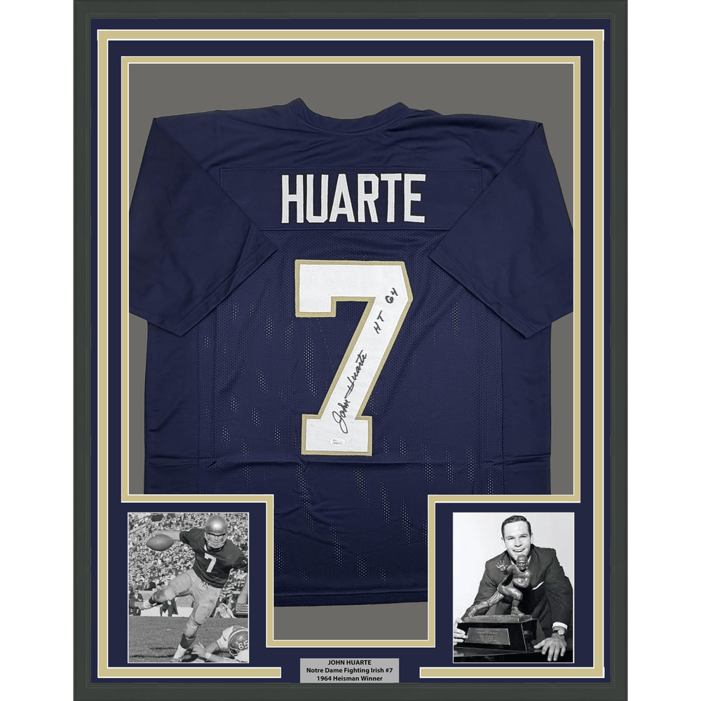 Framed Autographed/Signed John Huarte 35x39 HT 64 Notre Dame Blue College Football Jersey JSA COA