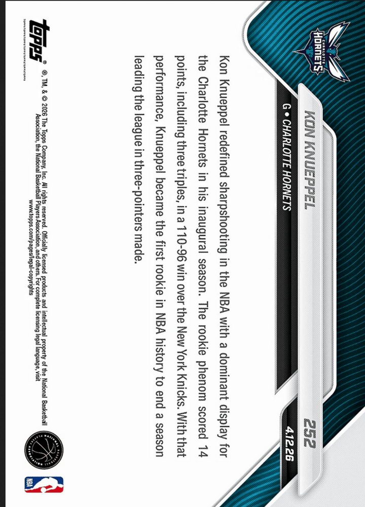 2025 Topps Now Kon Knueppel #252 Orange Foil /25 1st Rookie in NBA History to Lead League in 3PM Charlotte Hornets Rookie RC Basketball Card