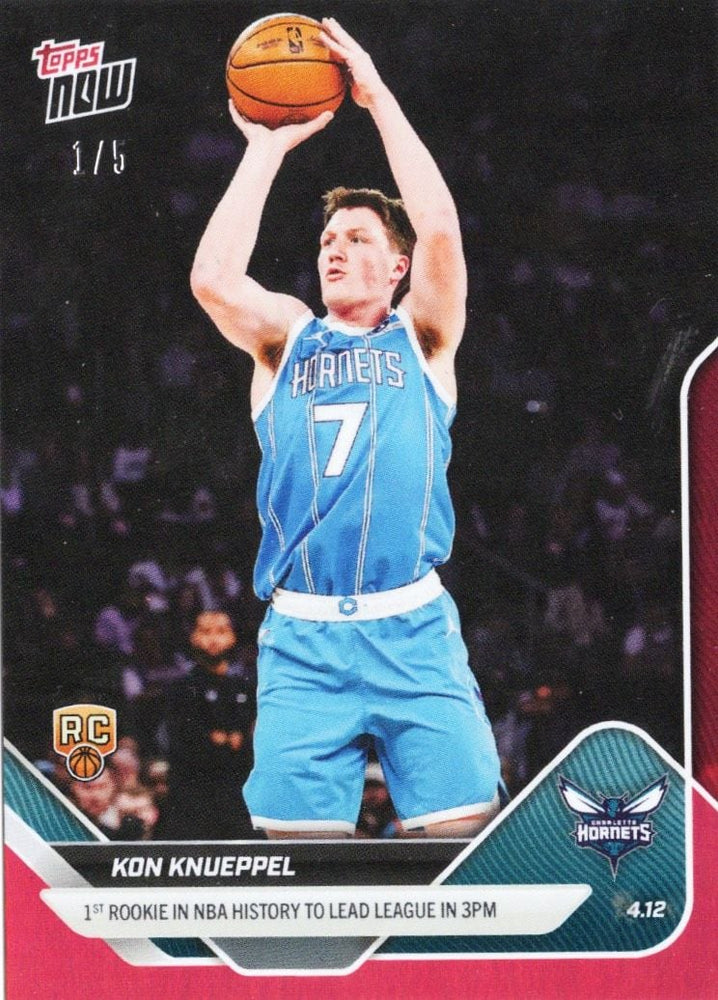 2025 Topps Now Kon Knueppel #252 Red Foil /5 1st Rookie in NBA History to Lead League in 3PM Charlotte Hornets Rookie RC Basketball Card