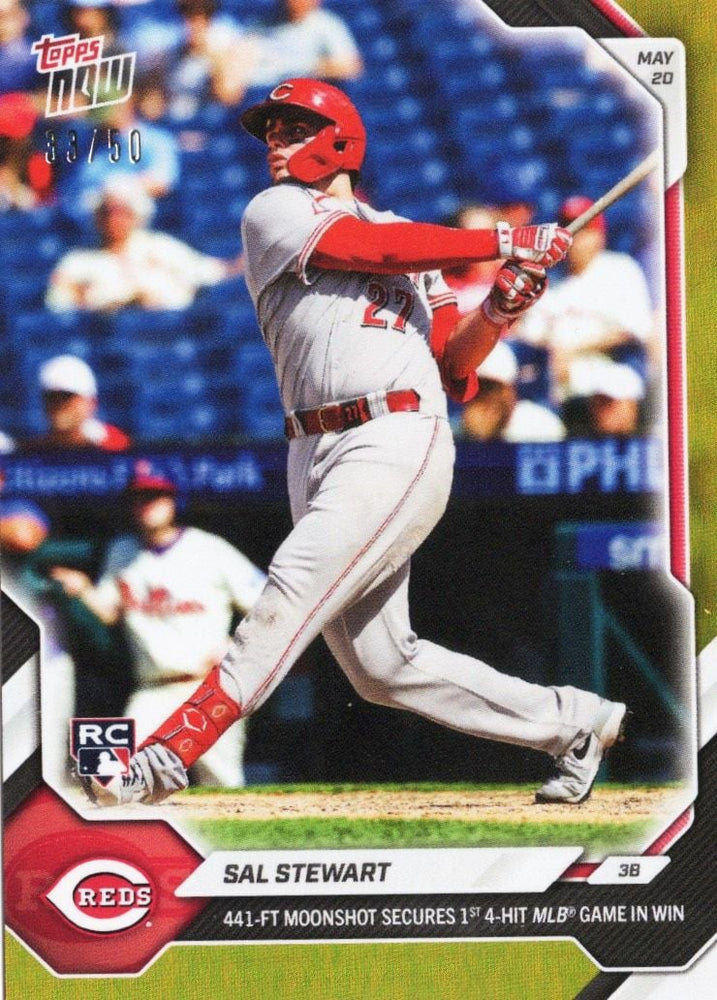 2026 Topps Now Sal Stewart #224 Gold Foil /50 441 Foot Moonshot Secures 1st 4 Hit MLB Game in Win Cincinnati Reds Rookie RC Baseball Card