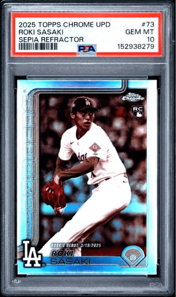 Graded 2025 Topps Chrome Update Roki Sasaki #73 Sepia Refractor Rookie RC Baseball Card PSA 10 Gem Mint