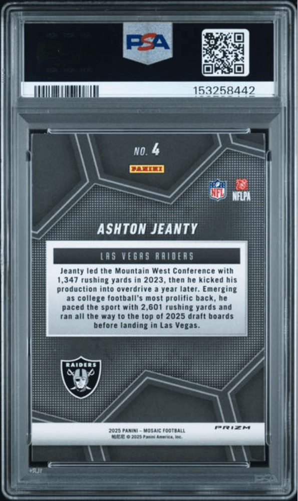 Graded 2025 Panini Mosaic Ashton Jeanty #4 Overdrive Silver Rookie RC Football Card PSA 9 Mint