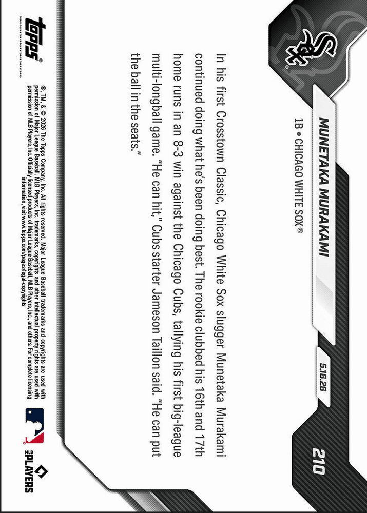 2026 Topps Now Munetaka Murakami #210 1st Multi Home Run Game Comes in Rivalry Victory Chicago White Sox Rookie RC Baseball Card