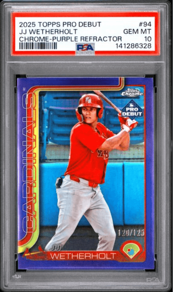 Graded 2025 Topps Pro Debut JJ Wetherholt #94 Chrome Purple Refractor /125 Rookie RC Baseball Card PSA 10 Gem Mint