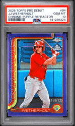 Graded 2025 Topps Pro Debut JJ Wetherholt #94 Chrome Purple Refractor /125 Rookie RC Baseball Card PSA 10 Gem Mint