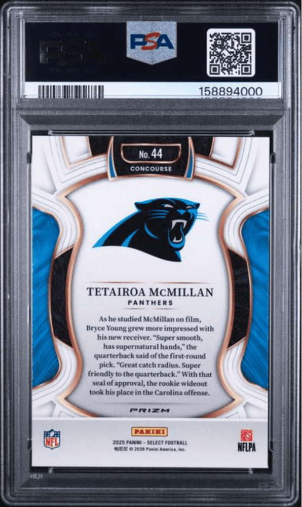 Graded 2025 Panini Select Tetairoa McMillan #44 Pink Shock Rookie RC Football Card PSA 10 Gem Mint