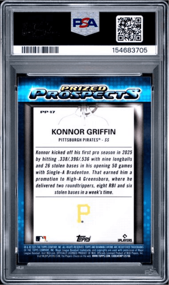 Graded 2025 Topps Bowman Draft Konnor Griffin #PP17 Prized Prospects Rookie RC Baseball Card PSA 10 Gem Mint