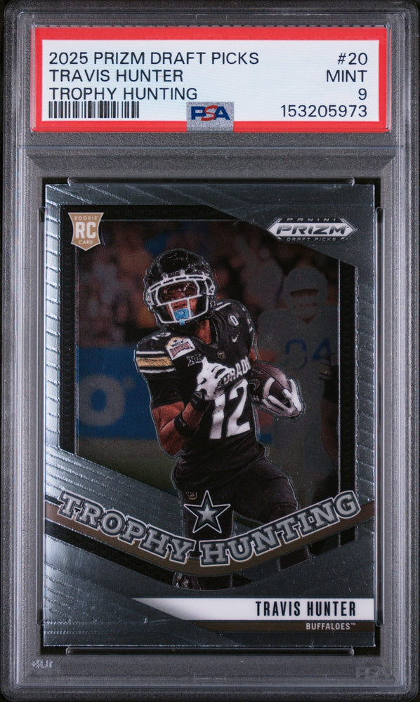 Graded 2025 Panini Prizm Draft Picks Travis Hunter #20 Trophy Hunting Rookie RC Football Card PSA 9 Mint