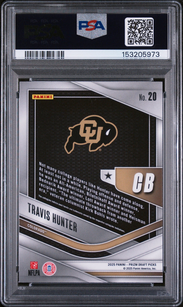 Graded 2025 Panini Prizm Draft Picks Travis Hunter #20 Trophy Hunting Rookie RC Football Card PSA 9 Mint