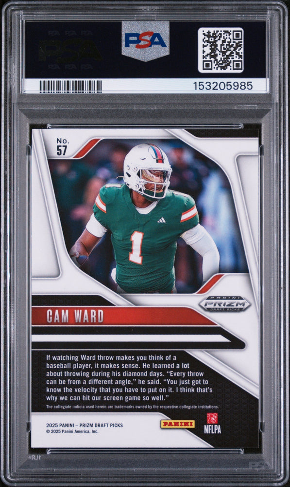 Graded 2025 Panini Prizm Draft Picks Cam Ward #57 Rookie RC Football Card PSA 10 Gem Mint