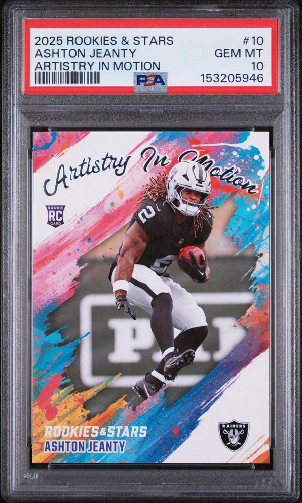 Graded 2025 Panini Rookies & Stars Ashton Jeanty #10 Artistry in Motion Rookie RC Football Card PSA 10 Gem Mint