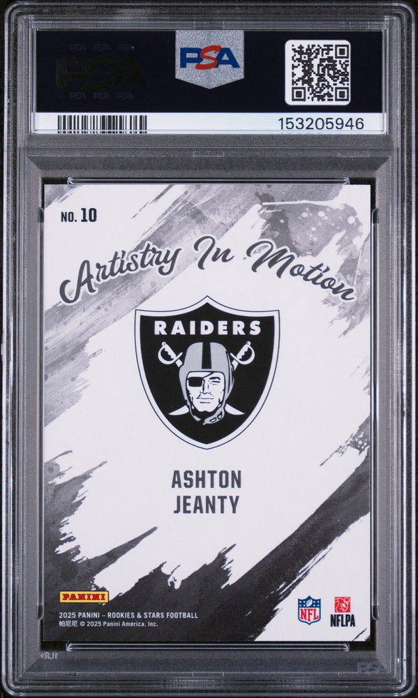 Graded 2025 Panini Rookies & Stars Ashton Jeanty #10 Artistry in Motion Rookie RC Football Card PSA 10 Gem Mint