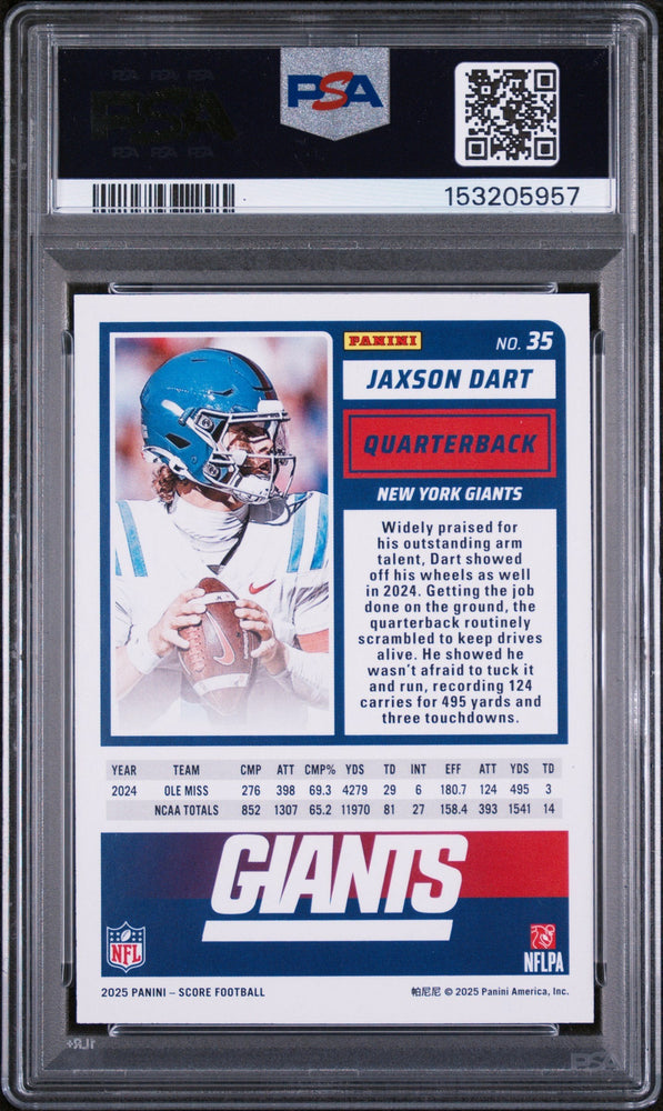 Graded 2025 Panini Score Jaxson Dart #35 Rookie RC Football Card PSA 10 Gem Mint