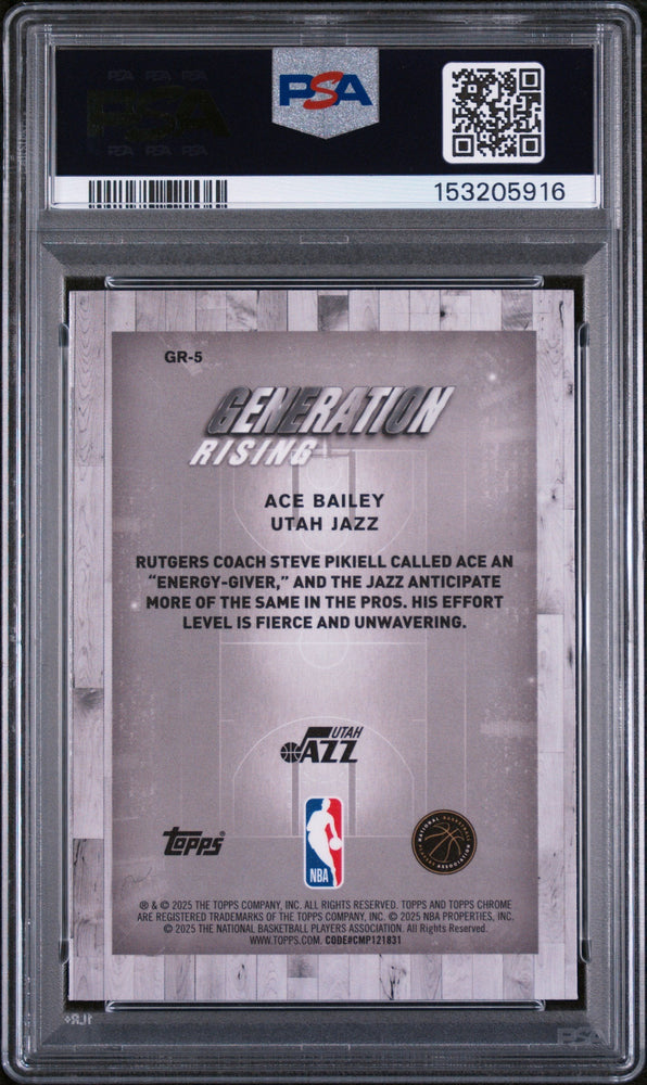 Graded 2025 Topps Chrome Ace Bailey #GR5 Generation Rising Rookie RC Basketball Card PSA 10 Gem Mint