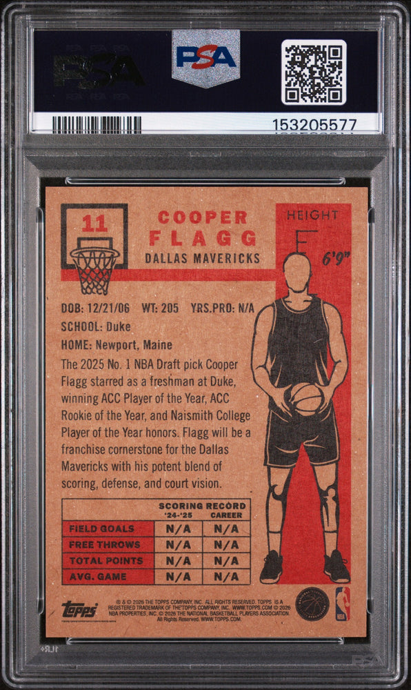 Graded 2025-26 Topps Living Cooper Flagg #11 Rookie RC Basketball Card PSA 9 Mint