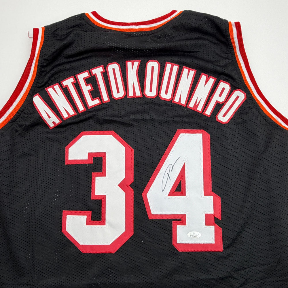 Autographed/Signed Giannis Antetokounmpo Miami Heat Black Retro Basketball Jersey JSA COA