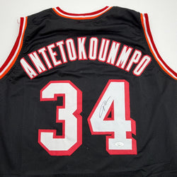 Autographed/Signed Giannis Antetokounmpo Miami Heat Black Retro Basketball Jersey JSA COA