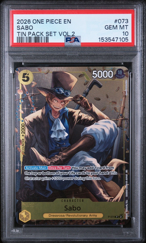 Graded 2026 One Piece Sabo #073 Tin Pack Trading Card Game PSA 10 Gem Mint