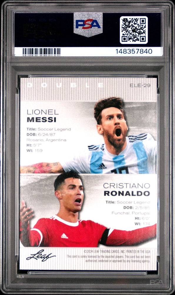 Graded 2024 Leaf Special Release Lionel Messi Cristiano Ronaldo #ELE29 Exclusive Legends Edition Soccer Card PSA 10 Gem Mint