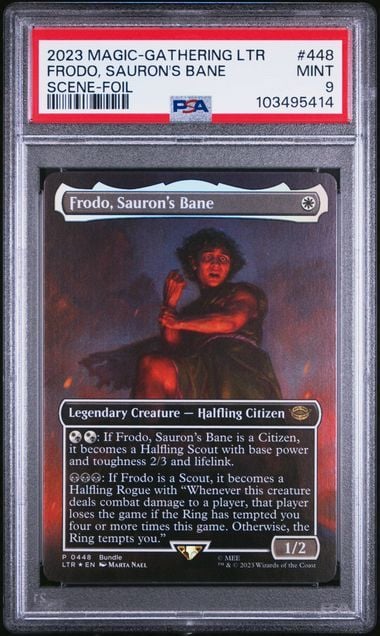 Graded 2023 Magic The Gathering Lord of the Rings Frodo Sauron's Bane #448 Scene Foil Trading Card Game PSA 9 Mint