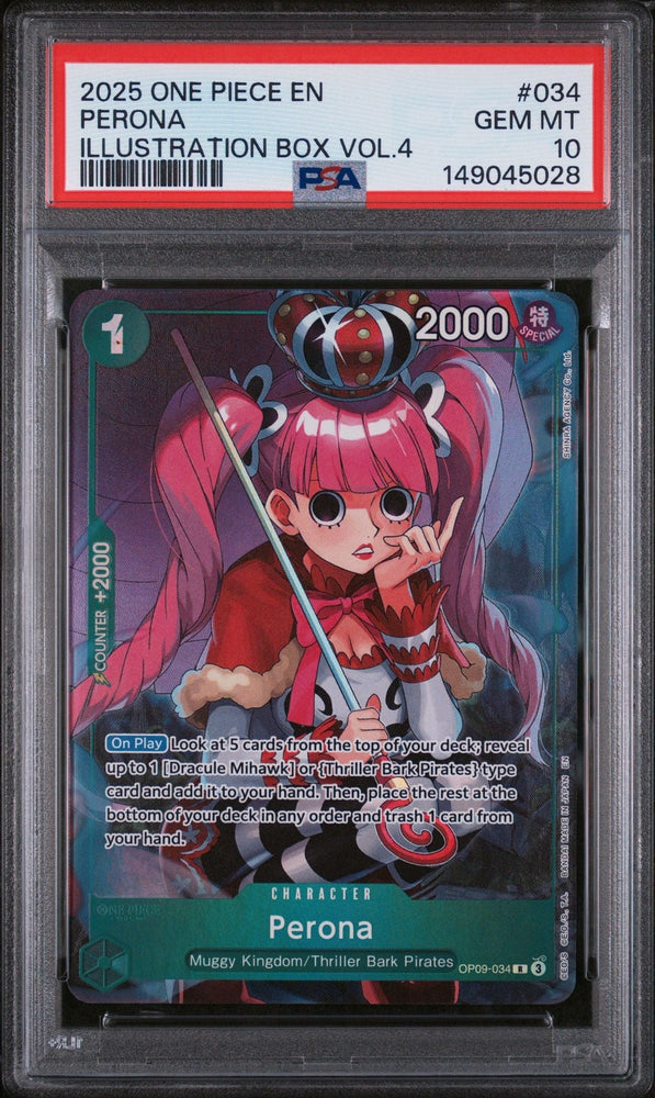 Graded 2025 One Piece Perona #034 OP09 Trading Card Game PSA 10 Gem Mint