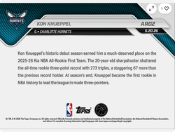 2025 Topps Now Kon Knueppel #AR02 Gold Foil /50 2025-26 KIA NBA All Rookie First Team Selection Charlotte Hornets Rookie RC Basketball Card