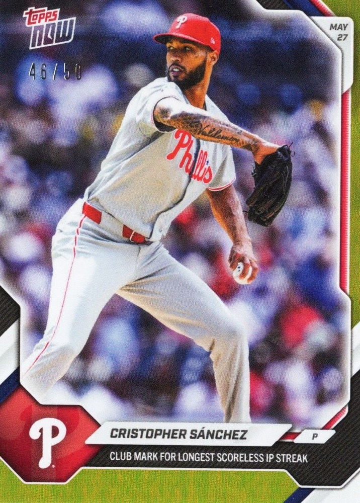 2026 Topps Now Cristopher Sanchez #258 Gold Foil /50 Club Mark for Longest Scoreless Innings Pitched Streak Philadelphia Phillies Baseball Card