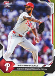 2026 Topps Now Cristopher Sanchez #258 Gold Foil /50 Club Mark for Longest Scoreless Innings Pitched Streak Philadelphia Phillies Baseball Card