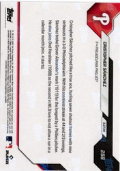 2026 Topps Now Cristopher Sanchez #258 Gold Foil /50 Club Mark for Longest Scoreless Innings Pitched Streak Philadelphia Phillies Baseball Card