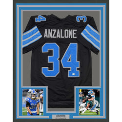 Framed Autographed/Signed Alex Anzalone 35x39 Detroit Black Football Jersey Beckett BAS COA