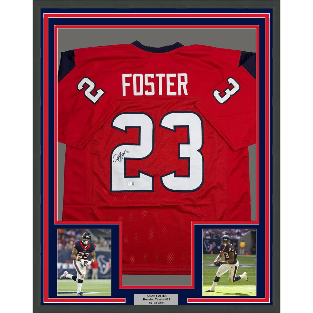 Framed Autographed/Signed Arian Foster 35x39 Houston Red Football Jersey Beckett BAS COA