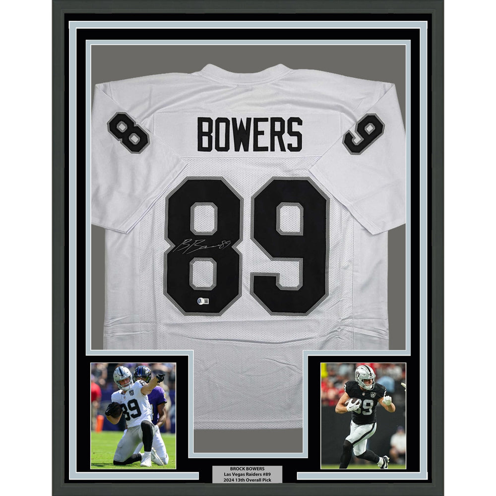Framed Autographed/Signed Brock Bowers 35x39 Las Vegas Oakland White Football Jersey Beckett BAS COA