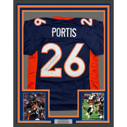 Framed Autographed/Signed Clinton Portis 35x39 Denver Blue Football Jersey Beckett BAS COA