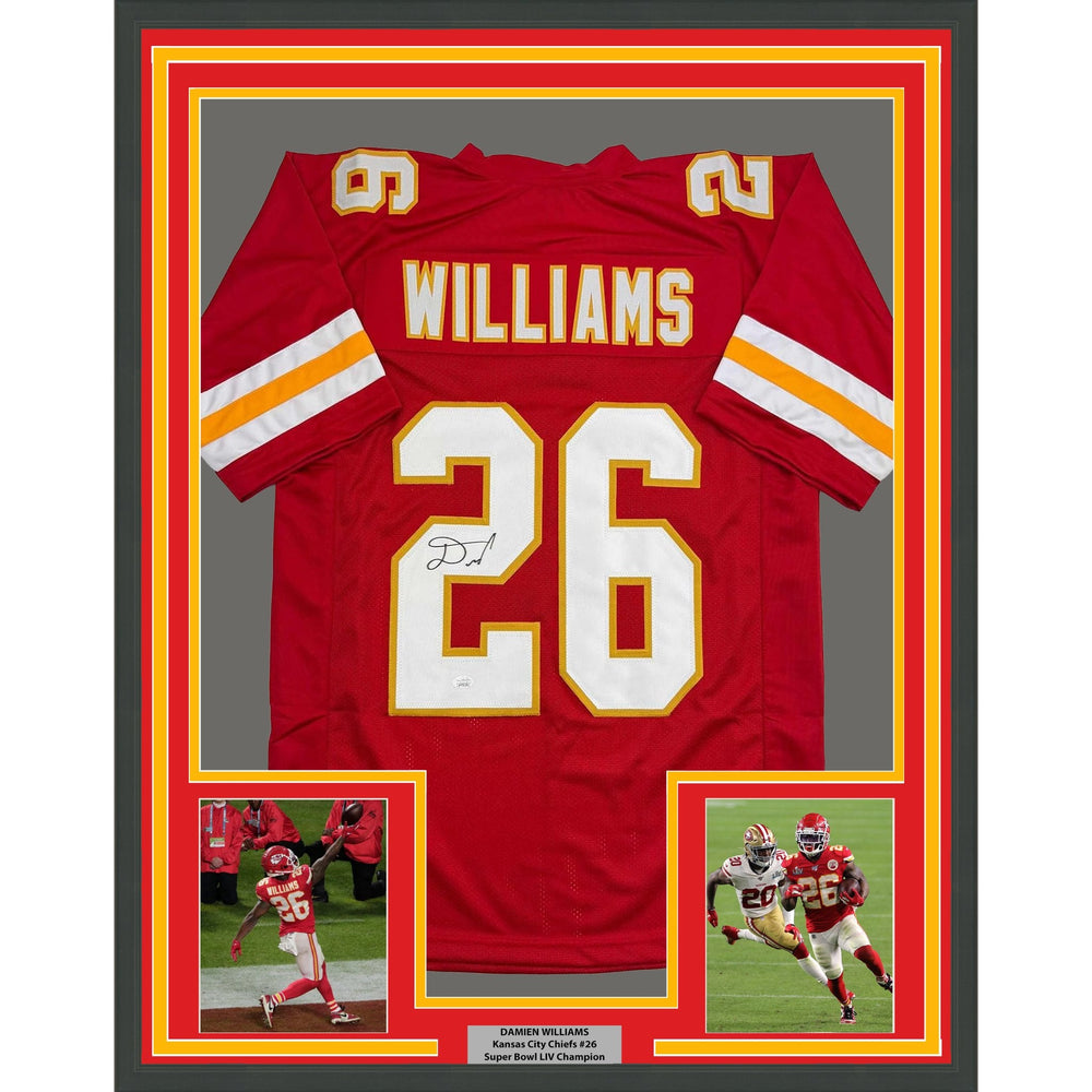 Framed Autographed/Signed Damien Williams 35x39 Kansas City Red Football Jersey JSA COA