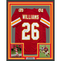 Framed Autographed/Signed Damien Williams 35x39 Kansas City Red Football Jersey JSA COA