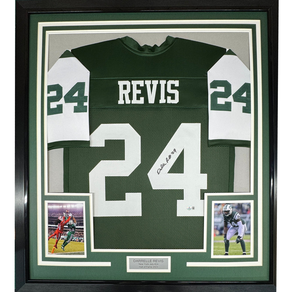 Framed Autographed/Signed Darrelle Revis 35x39 New York Green Football Jersey Beckett BAS COA