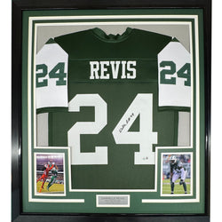 Framed Autographed/Signed Darrelle Revis 35x39 New York Green Football Jersey Beckett BAS COA