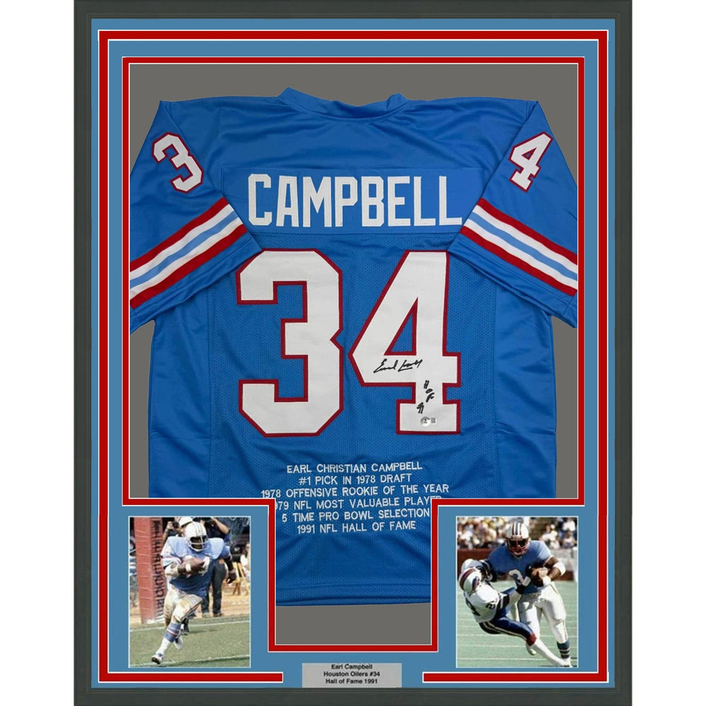Framed Autographed/Signed Earl Campbell HOF 91 35x39 Houston Blue Stat Football Jersey JSA COA