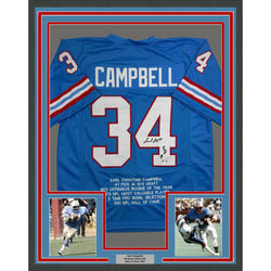 Framed Autographed/Signed Earl Campbell HOF 91 35x39 Houston Blue Stat Football Jersey JSA COA