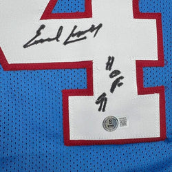 Framed Autographed/Signed Earl Campbell HOF 91 35x39 Houston Blue Stat Football Jersey JSA COA