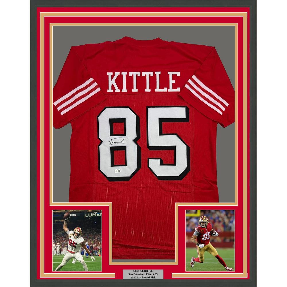 Framed Autographed/Signed George Kittle 35x39 San Francisco Red Alternate Football Jersey Beckett BAS COA