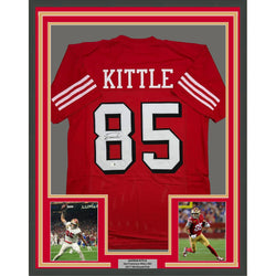Framed Autographed/Signed George Kittle 35x39 San Francisco Red Alternate Football Jersey Beckett BAS COA