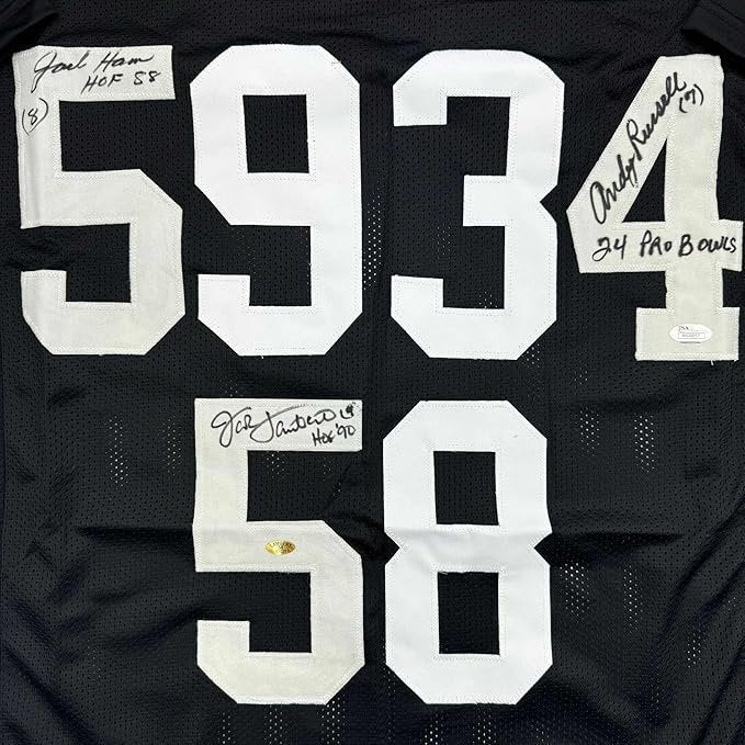 Framed Autographed/Signed Jack Ham, Jack Lambert, and Andy Russell Inscribed "24 Pro Bowls", "HOF 88" & "HOF 90" 35x39 Pittsburgh Black Football Jersey JSA COA