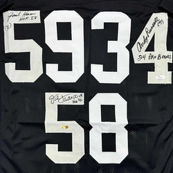 Framed Autographed/Signed Jack Ham, Jack Lambert, and Andy Russell Inscribed "24 Pro Bowls", "HOF 88" & "HOF 90" 35x39 Pittsburgh Black Football Jersey JSA COA