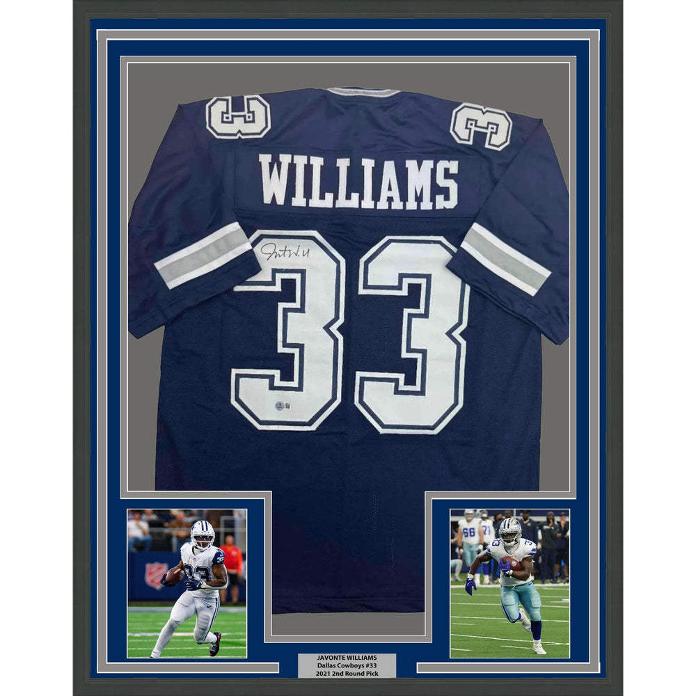 Framed Autographed/Signed Javonte Williams 35x39 Dallas Blue Football Jersey Beckett BAS COA