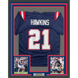 Framed Autographed/Signed Jaylinn Hawkins 35x39 New England Blue Football Jersey Beckett BAS COA