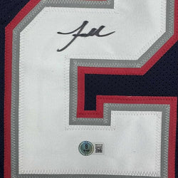 Framed Autographed/Signed Jaylinn Hawkins 35x39 New England Blue Football Jersey Beckett BAS COA